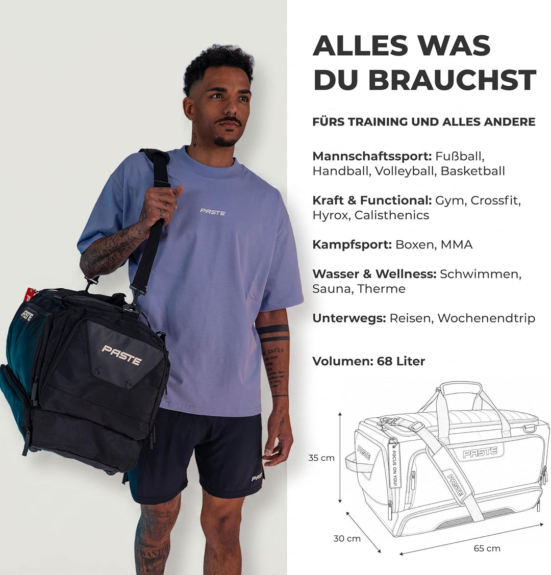 PASTE® - Premium Sporttasche 63L mit Rucksackfunktion und Kühlfunktion, Schuhfach & Nassfach Schwarz