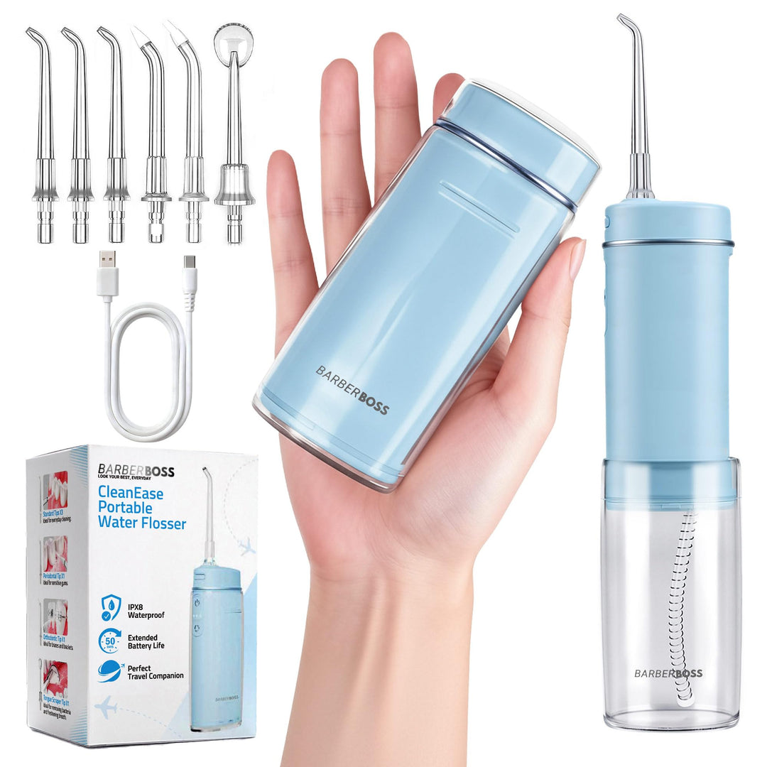 BarberBoss Munddusche für unterwegs, 6 Düsenaufsätze, kabellose Munddusche, USB-C-Ladefunktion und 3