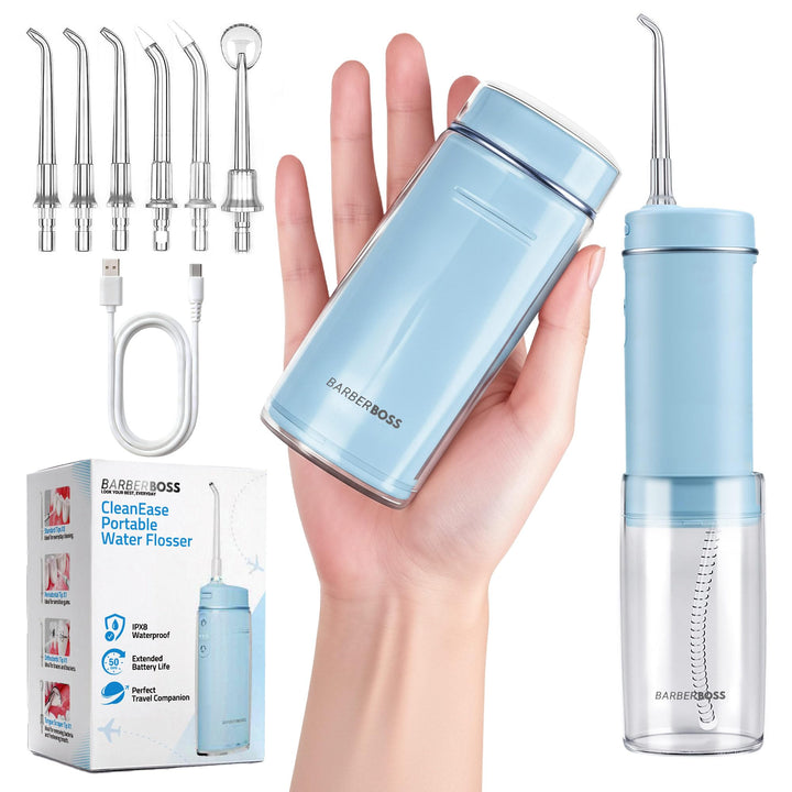 BarberBoss Munddusche für unterwegs, 6 Düsenaufsätze, kabellose Munddusche, USB-C-Ladefunktion und 3