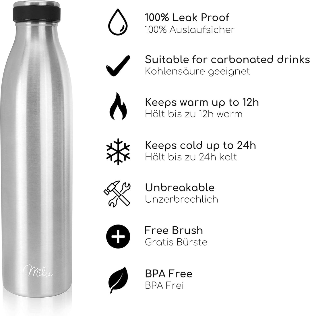 Milu Edelstahl Trinkflasche 500ml, 750ml, 1000ml, 1.5L – Thermosflasche, Isolierte Wasserflasche, Au