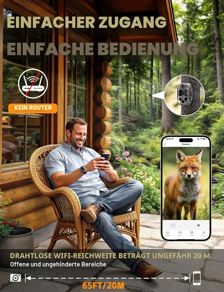 Wildkamera mit Handyübertragung App, 84MP 4K WLAN Wildkamera mit 8 AA-Batterien, 130 ° Weitwinkel Wi