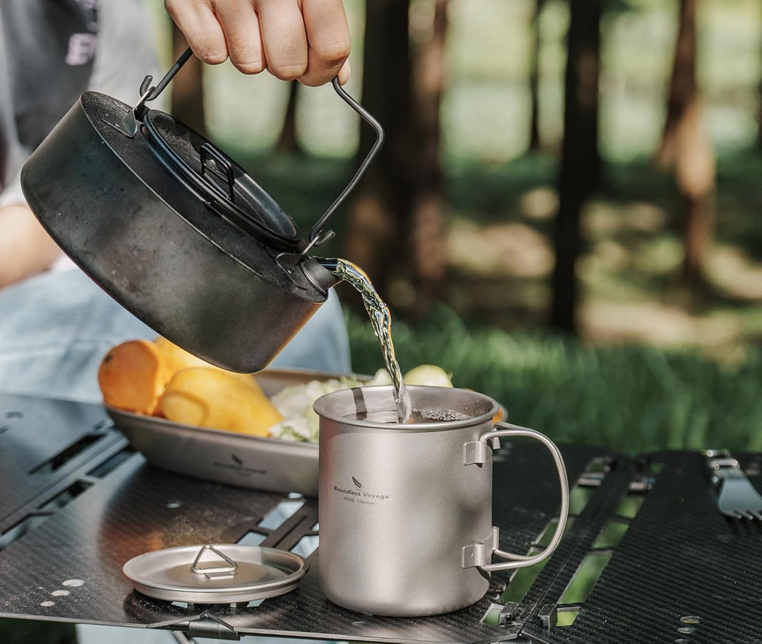 iBasingo 450ml Camping Becher Outdoor Tasse Titan Trinkbecher Mug mit Deckel & Klappgriff Ultraleich