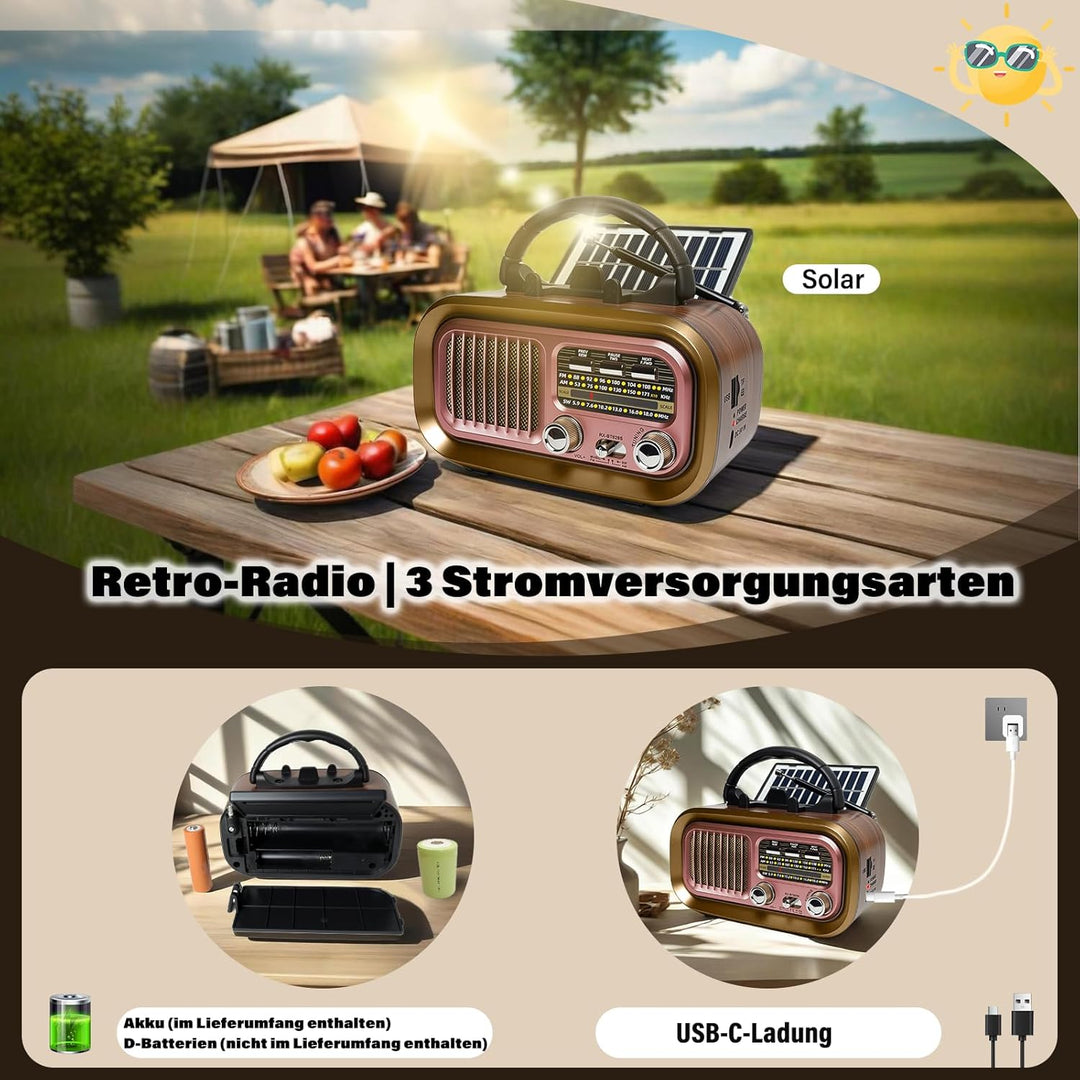 Retro Radio mit mit Solarzelle, AM/FM/SW Klein Radio Batteriebetrieben und Küchenausführung 1200mAh