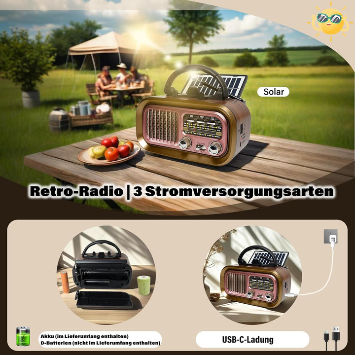 Retro Radio mit mit Solarzelle, AM/FM/SW Klein Radio Batteriebetrieben und Küchenausführung 1200mAh