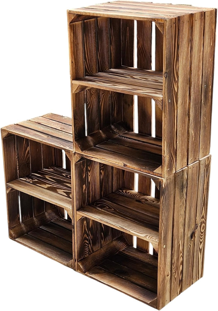 Teramico Flambierte Holzkisten als Bücherregal/Regalkisten 50 x 40 x 30cm mit Ablagefach/Mittelbrett