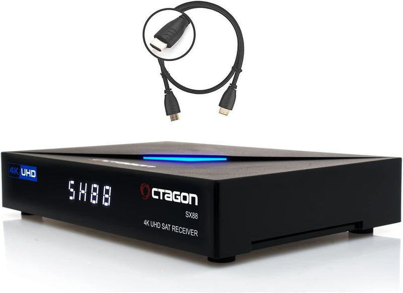 Octagon SX88 4K Linux Sat Receiver + HM-SAT HDMI Kabel, mit PVR Aufnahmefunktion, UHD Smart TV Strea