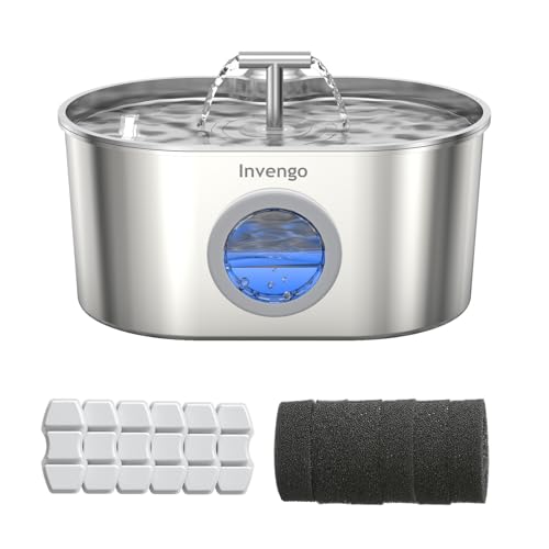 Katzenbrunnen Edelstahl und Ersatzfilter, 2.2L Trinkbrunnen für Katze mit 2 Trinkstellen und LED-Anz