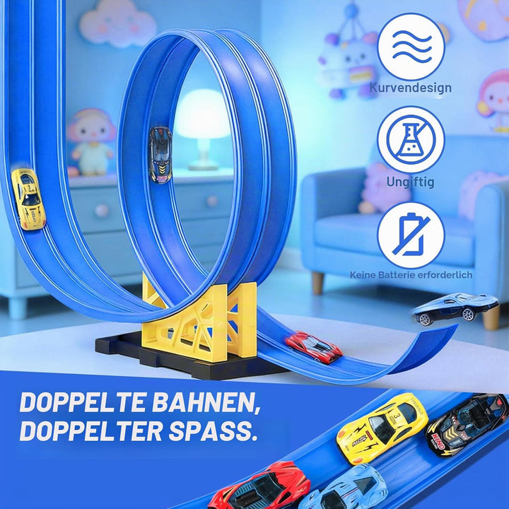 Flexible Autorennbahn Kinder 3 4 5 6 Jahre, 4.5 Meter Rennbahn Rennstrecke Auto Spielzeug mit 4 Spie