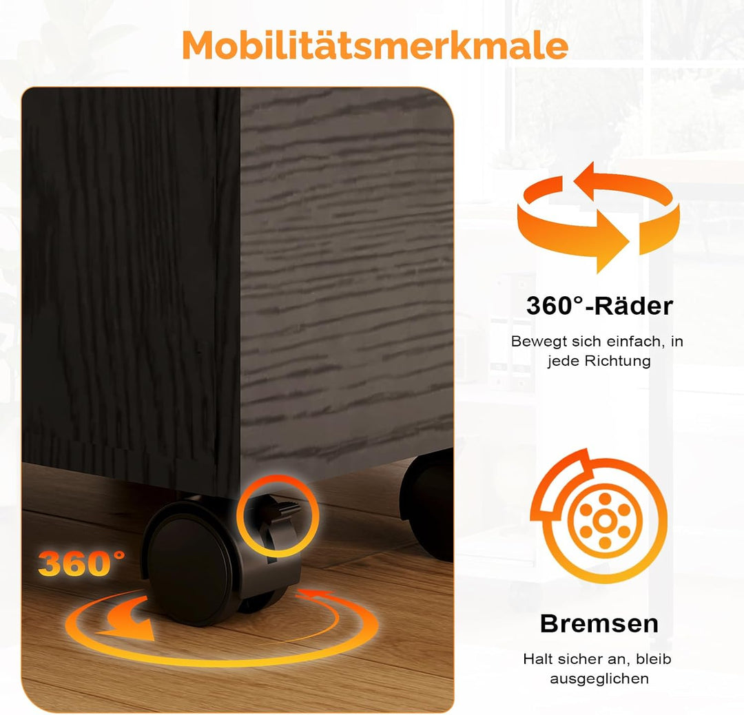 Bonnlo mobiler Aktenschrank 3 Schubladen für Büro,Homeoffice, schwarz,Holz, Schwarz