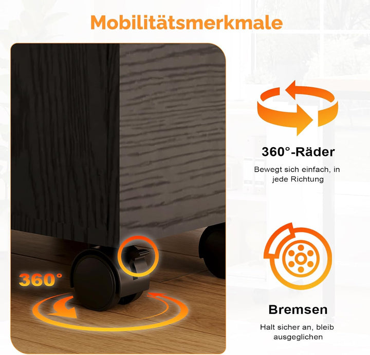 Bonnlo mobiler Aktenschrank 3 Schubladen für Büro,Homeoffice, schwarz,Holz, Schwarz