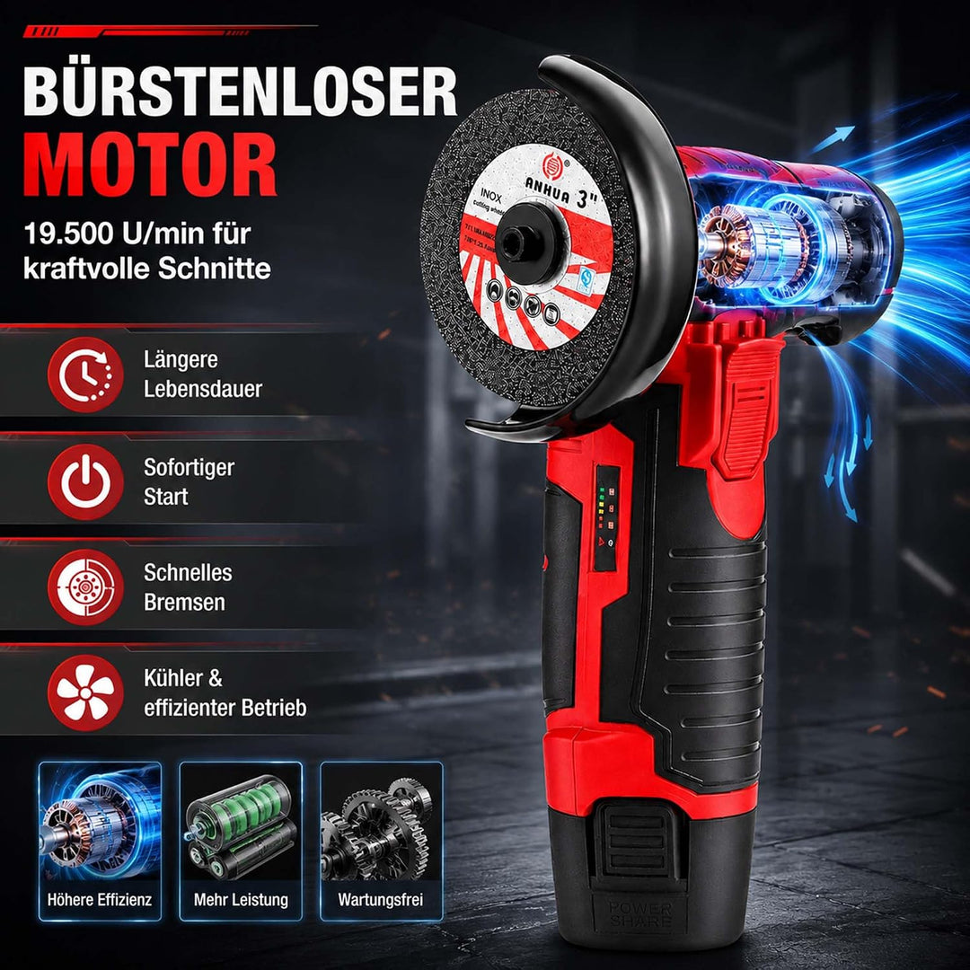 Mini Akku Winkelschleifer 12V, 76mm (3 Zoll) Bürstenloser | 2x 1500mAh Akku &amp; 8 Scheiben, 19500 U/mi