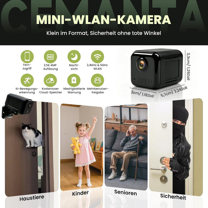 4MP Kleine Überwachungskamera für den Innenbereich Mini Kamera Überwachungskamera Innen mit 3000mAh