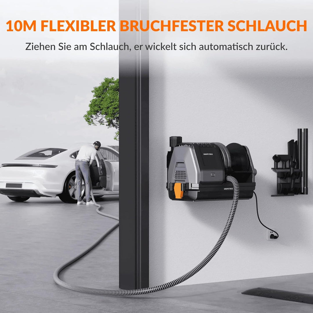 Giraffe Tools Grandstorm Einziehbarer Staubsauger mit 10 m langem, knickfestem Schlauch, wandmontier