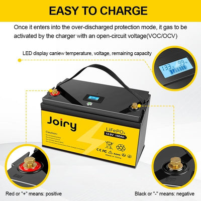 Joiry 12V 150Ah 1920Wh LiFePO4 Akku LED Display Lithium Batterie mit über 8000 Mal Tiefzyklen und BM