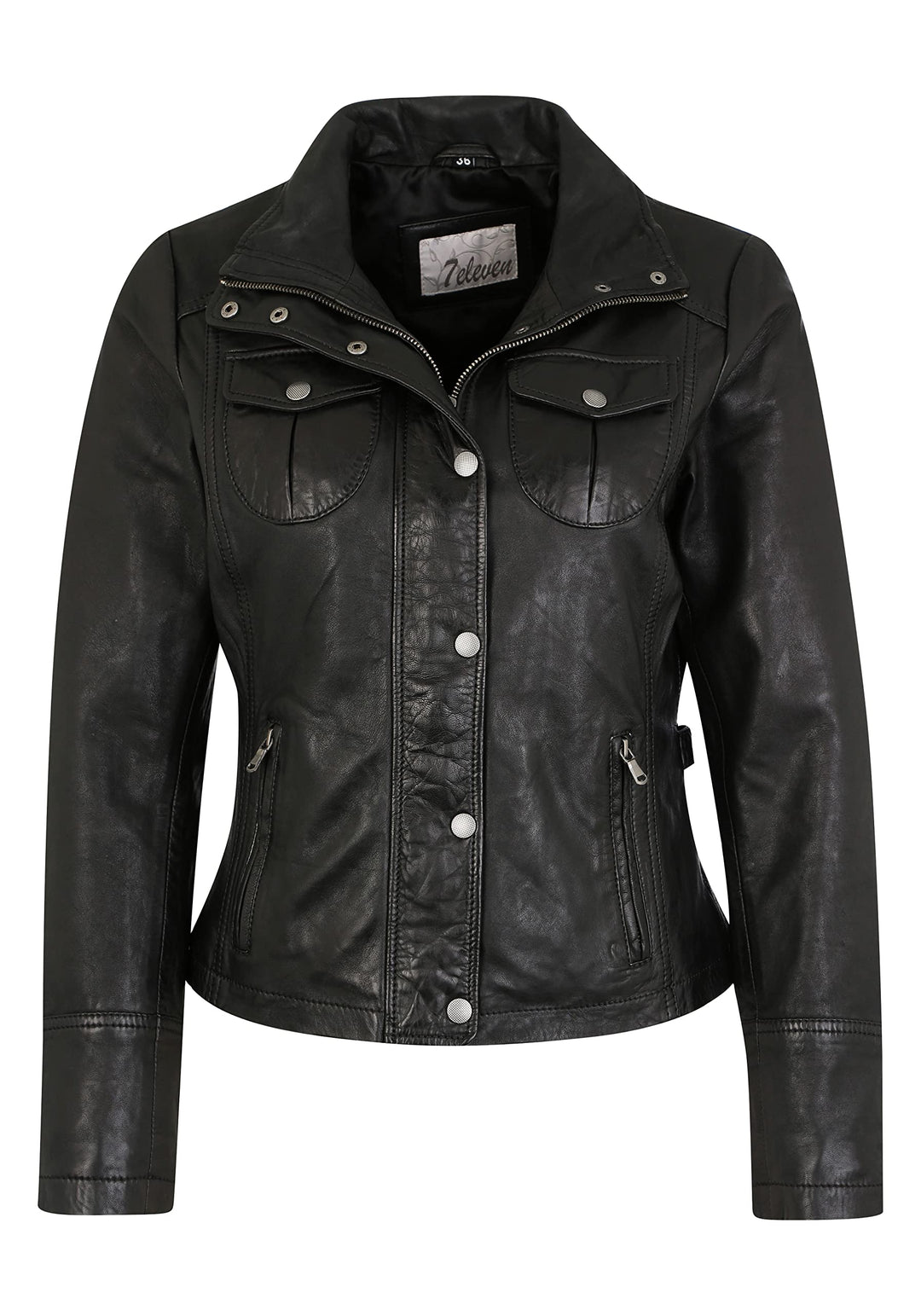 7eleven Damen Lederjacke Paris mit Zwei Brusttaschen Black 36 Schwarz, 36 Schwarz