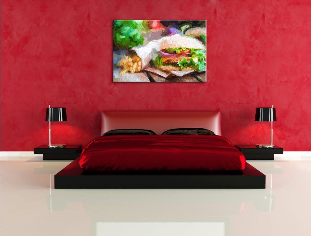 Pixxprint Burger und Pommes als Leinwandbild/Grösse: 100x70 cm/Wandbild/Kunstdruck/fertig bespannt,