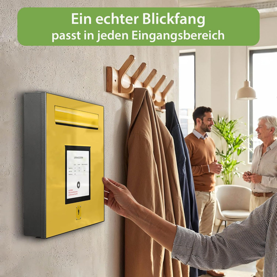 banjado® Grosser Schlüsselkasten Glas/Schlüsselbox 30cm x 30cm mit 50 Haken - Motiv Post Gelb/Schlüs