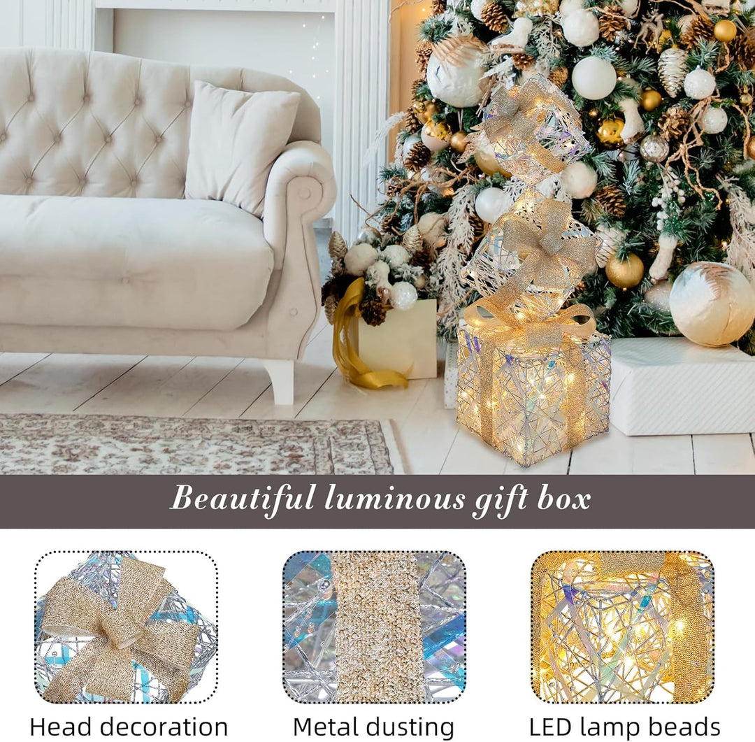 CCLIFE LED Geschenkbox 3er, Netzstecker Weihnachten Weihnachtenbox Beleuchtete Lichterkette Weihnach