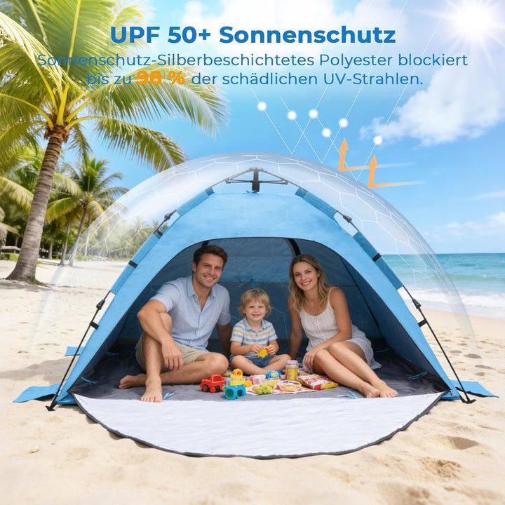 Pop Up Strandmuschel mit UV-Schutz 50+, Automatisches Strandzelt für 2-3 Personen, XXL Pop Up Strand