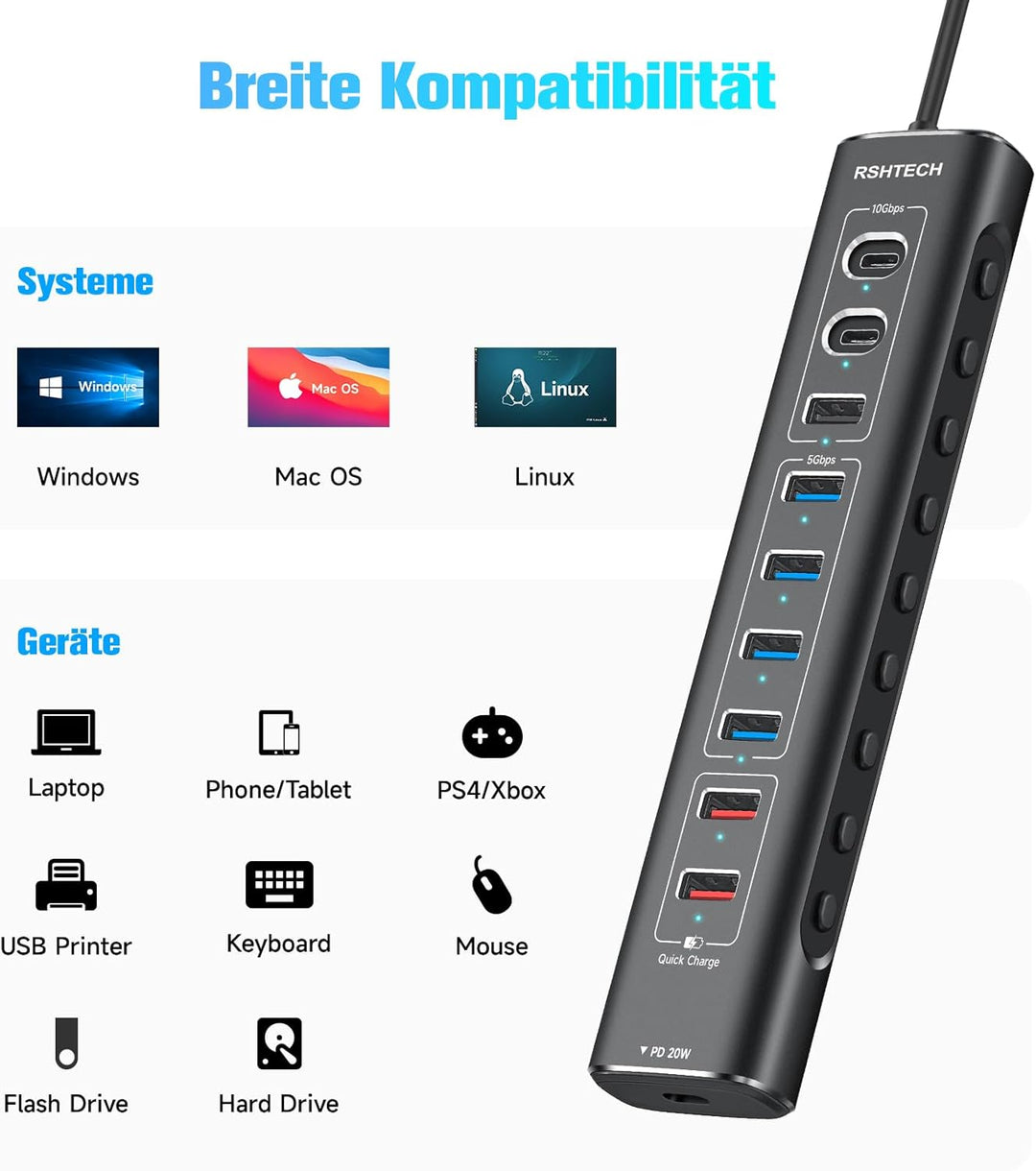 RSHTECH Aluminum 10-Port USB C 3.0/3.2 Hub Aktiv mit Netzteil, 3 * 10Gbps USB 3.2 (2*Typ-C, 1*Typ-A)