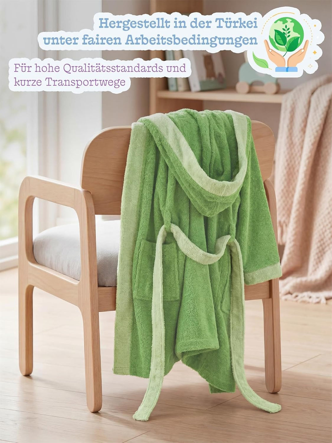 normani Kinder-Bademantel mit Kapuze aus 100% Bio-Baumwolle - für Jungen und Mädchen 98-104 Grün, 98