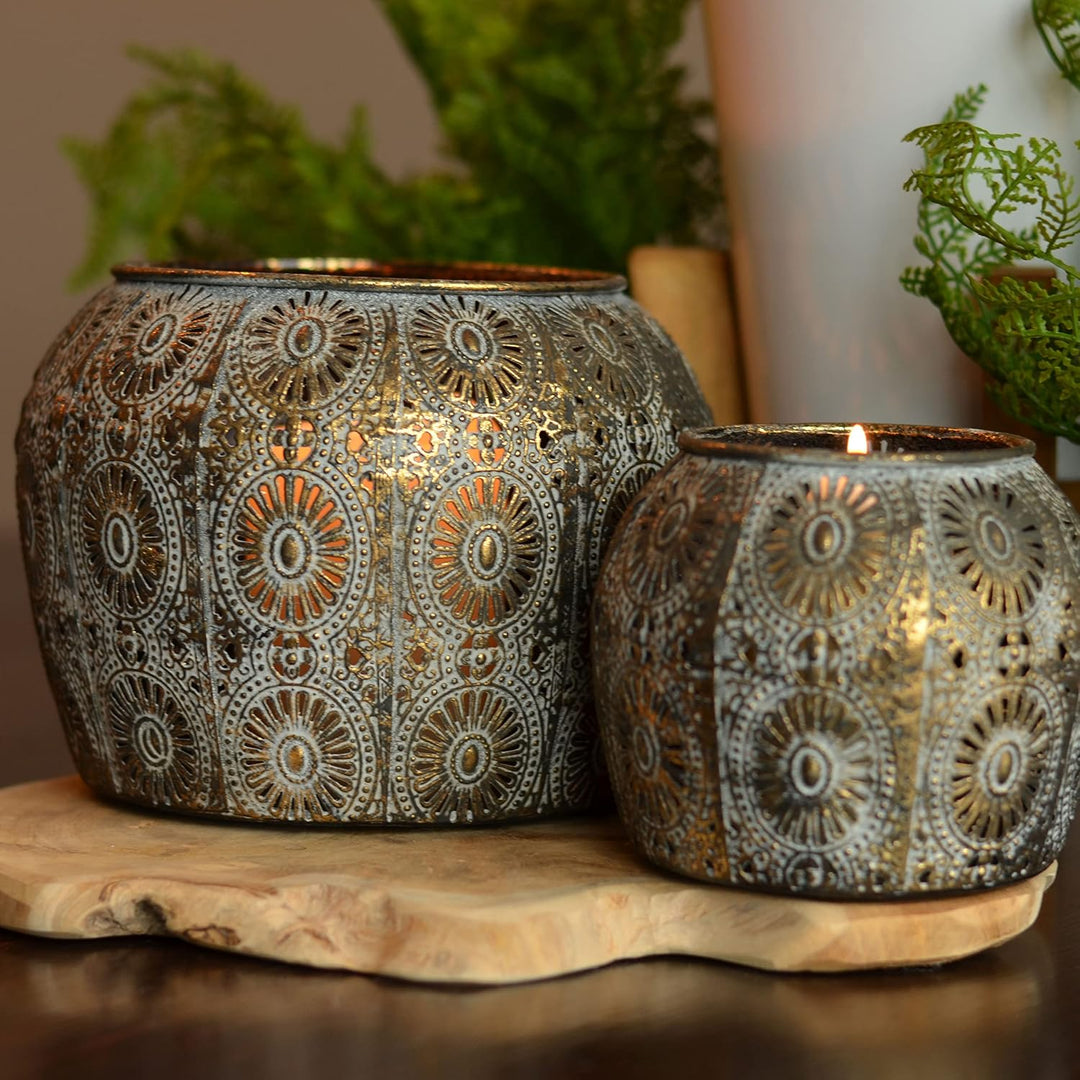 Hurricane Laternen-Set mit Gänseblümchen-Motiv, Metallarbeiten, Used-Gold, Weiss-Grau-Patina, Eisen,