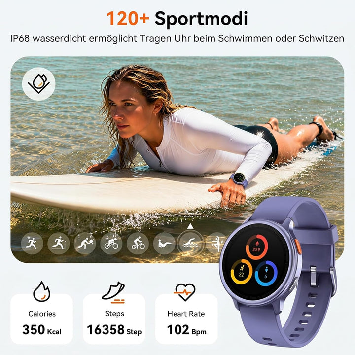 Smartwatch Damen Rund, 1.27" Smart Watch mit Telefonfunktion/Whatsapp,Uhren Damen mit Pulsuhr Schlaf