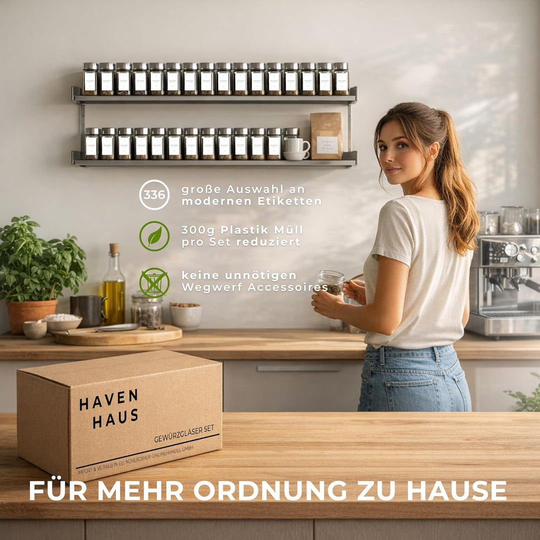 Havenhaus Premium Gewürzgläser Set Bambus | 24 Gewürz Organizer inkl. 336 deutschen Gewürzetiketten