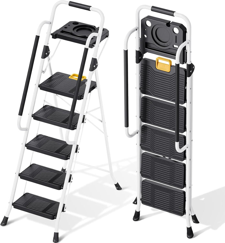 KINGRACK Trittleiter 5 Stufen klappbar, Leiter 5 Stufen 360 kg Tragfähigkeit, mit Werkzeugtray, Hand