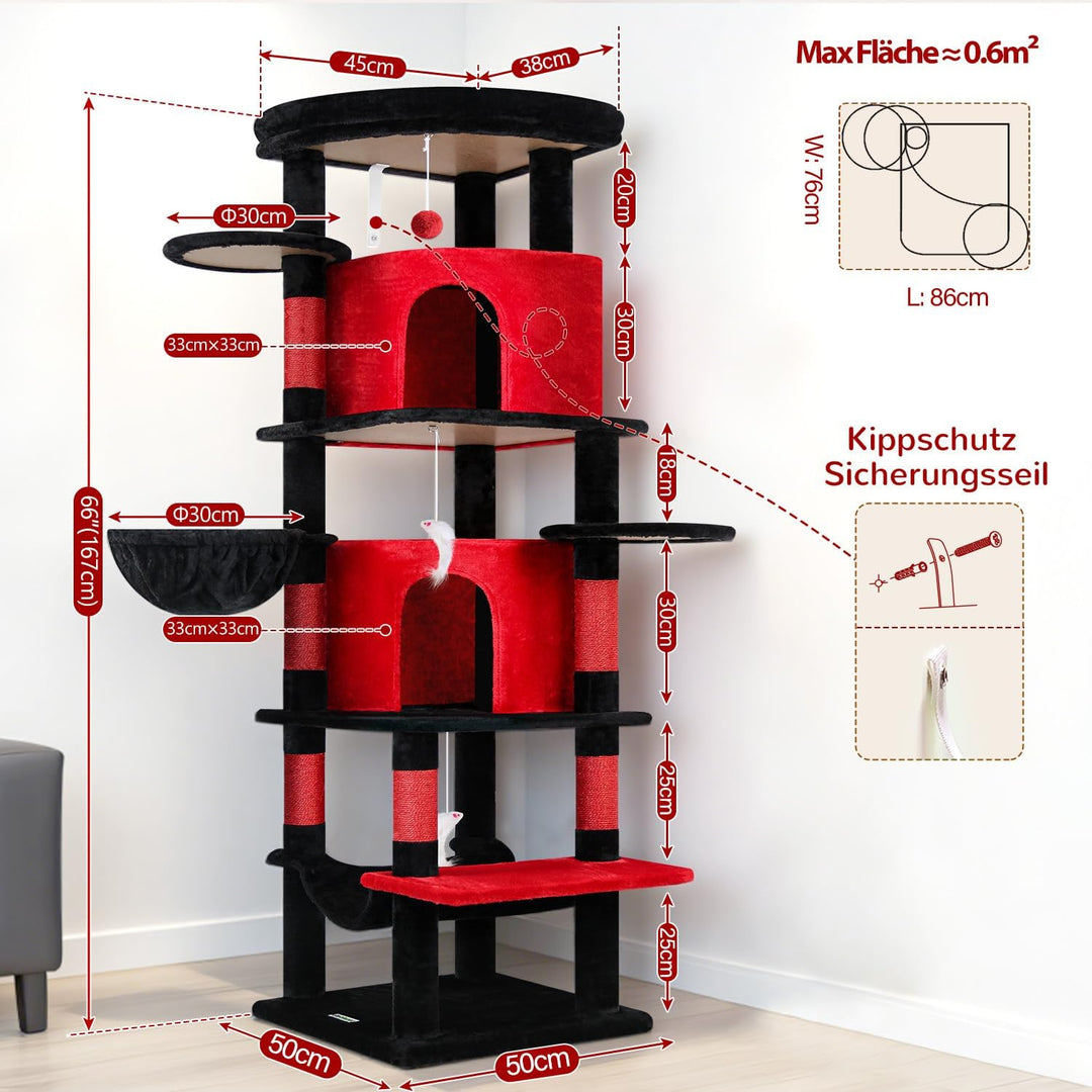 Globlazer Kratzbaum Gotisch Schwarz Rot, Eckkratzbaum Stabil hoch 167 cm mit 2 Sektor Katzenhaus, Ge