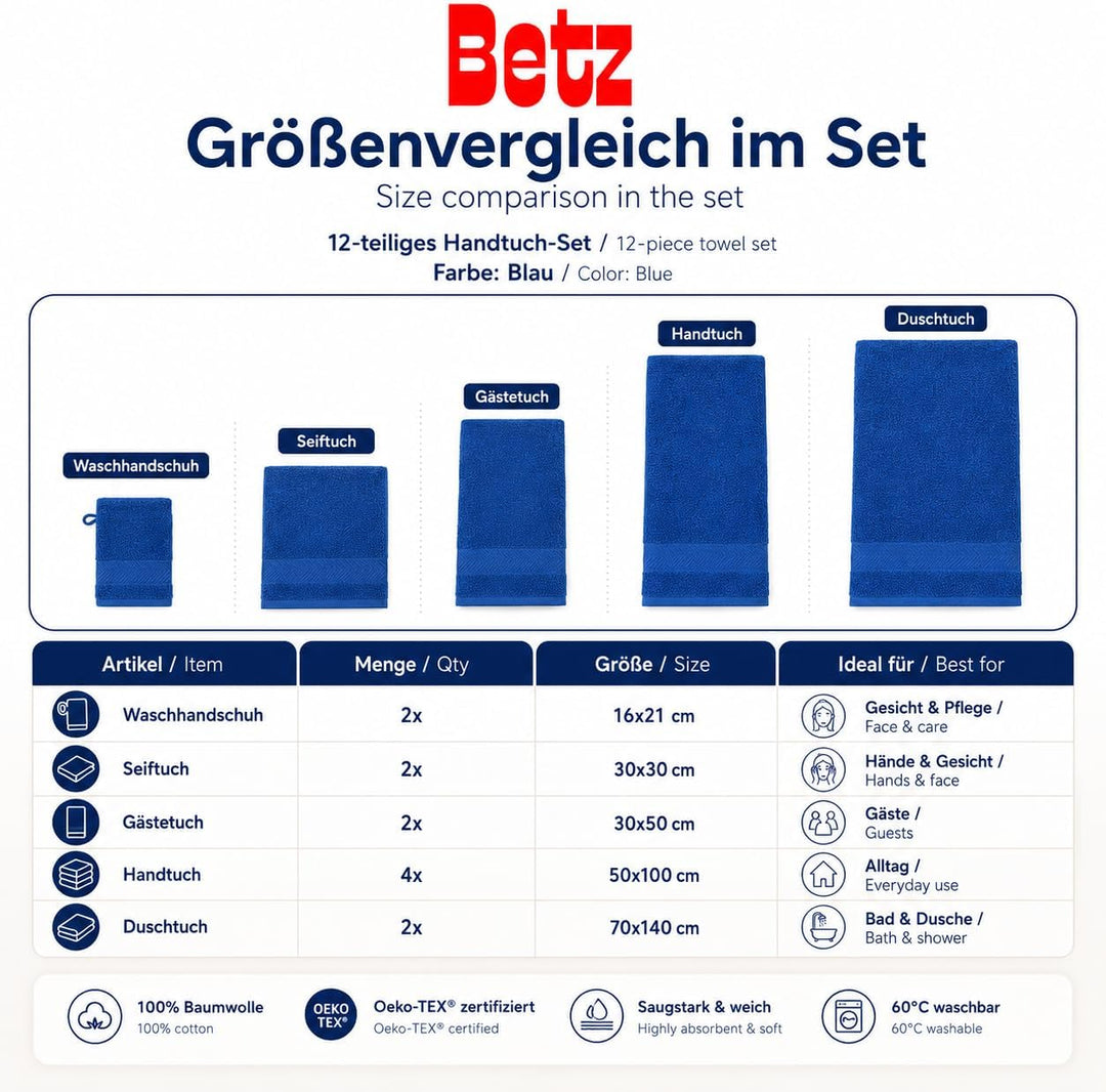 Betz 12-TLG. Handtuch-Set Palermo 100% Baumwolle 2 Liegetücher 4 Handtücher 2 Gästetücher 2 Seiftüch