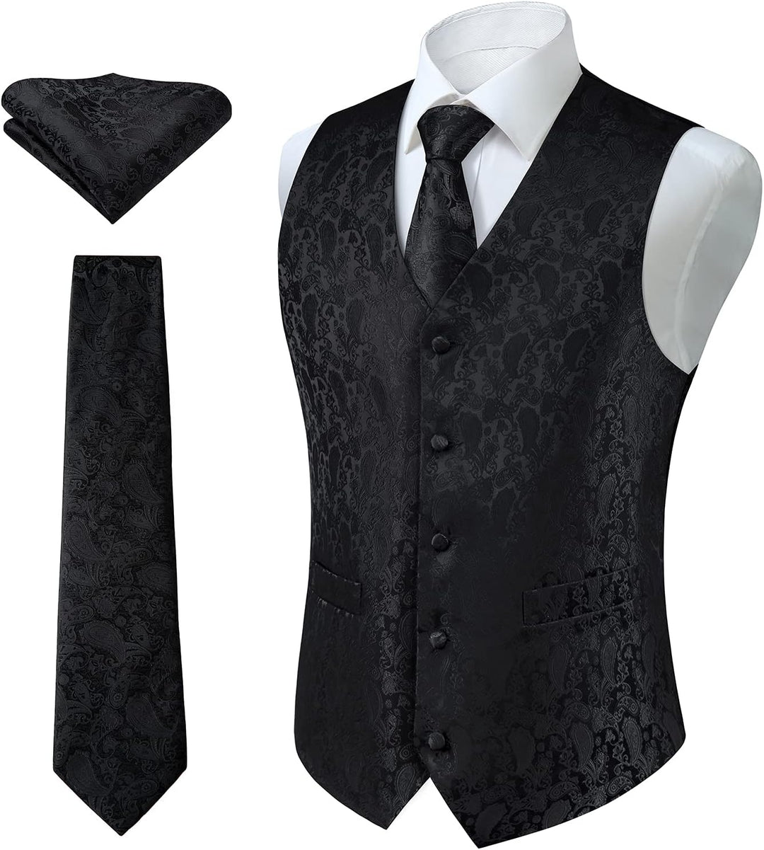 Enlision Herren Paisley Floral Jacquard Weste & Krawatte und Pocket Square Weste Anzug Set 3XL Schwa