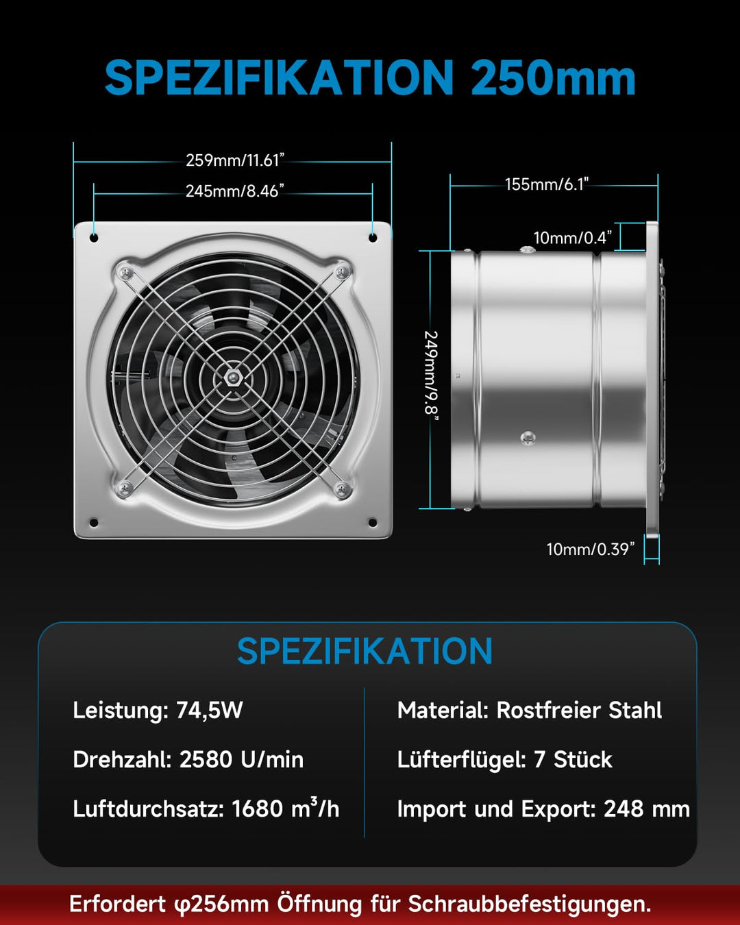 Hon&Guan 250mm Abluftventilator 1680m³/h mit Schalter, Badlüfter mit Rücklaufklappe, Rauchabzug Wand