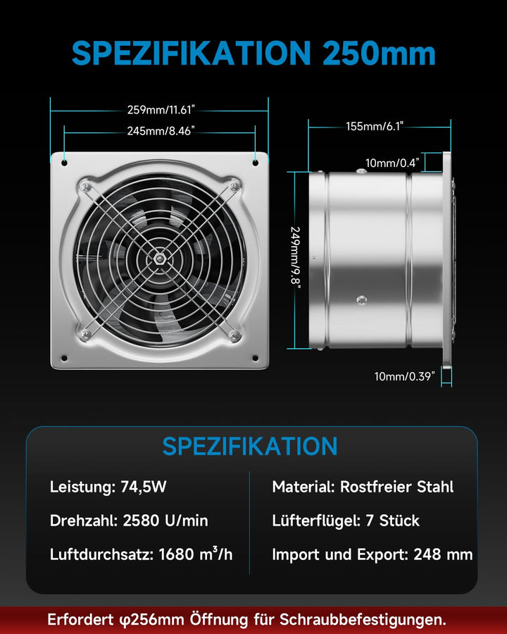 Hon&Guan 250mm Abluftventilator 1680m³/h mit Schalter, Badlüfter mit Rücklaufklappe, Rauchabzug Wand