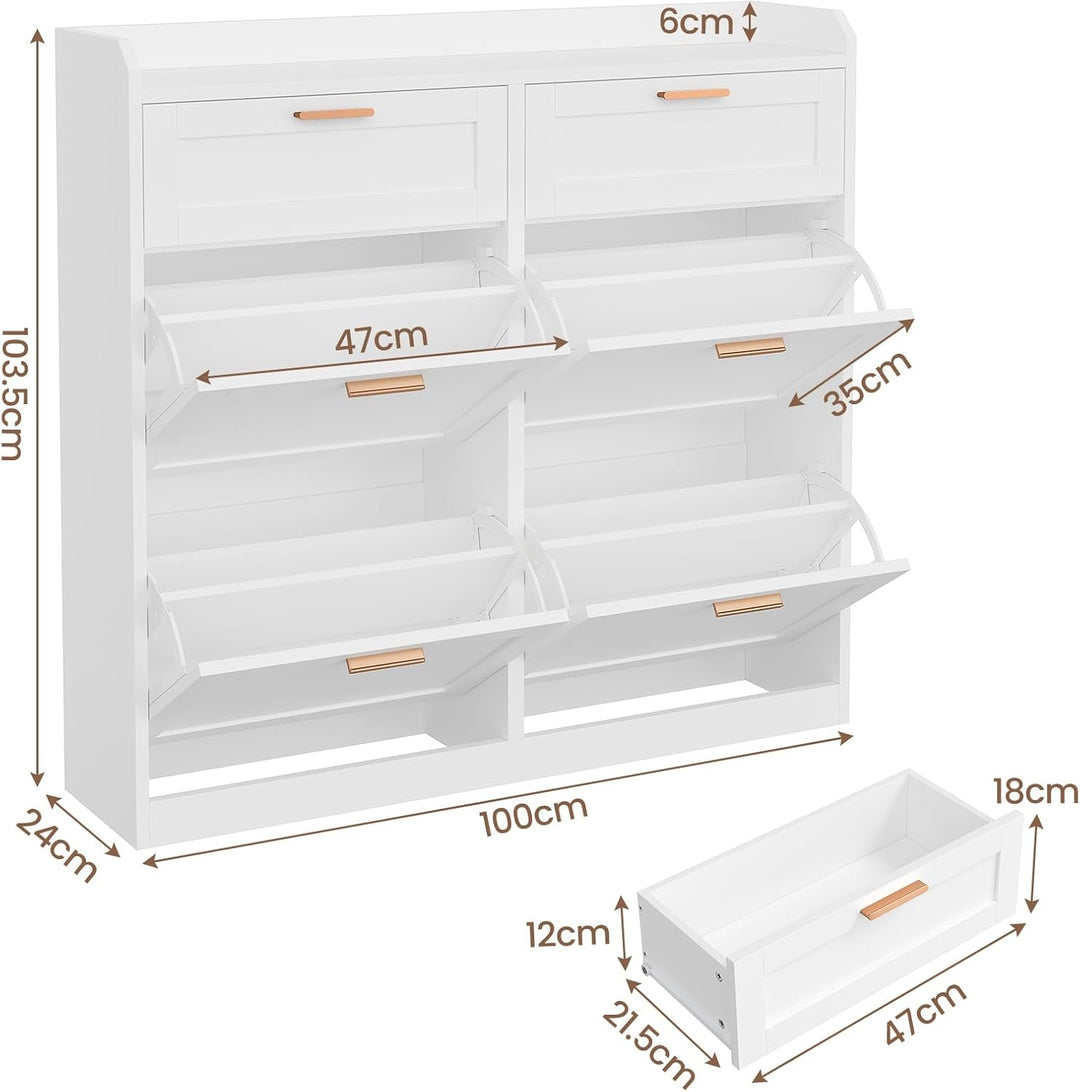 Schuhschrank mit 4 Klappen, Schuhkipper Schmal, Schuhschrank mit 2 Schubladen, Trennwand Verstellbar