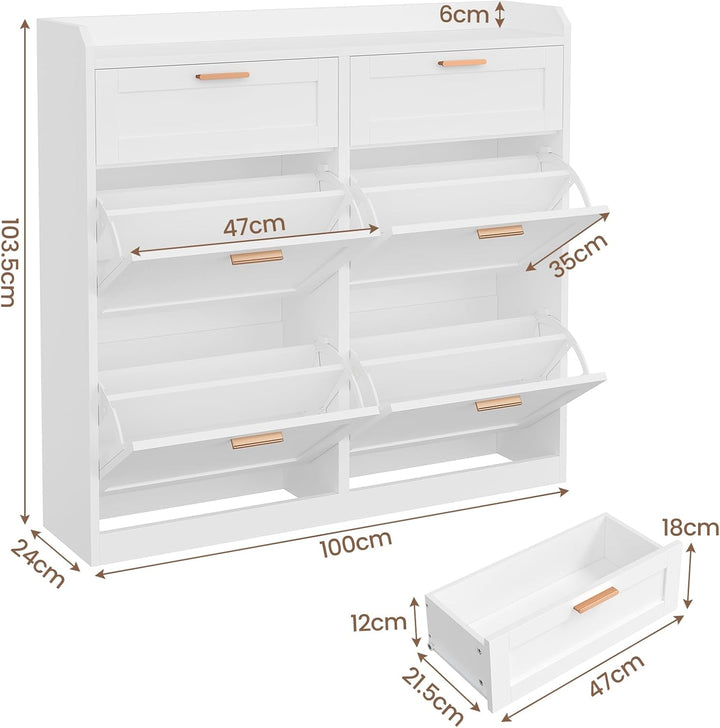 Schuhschrank mit 4 Klappen, Schuhkipper Schmal, Schuhschrank mit 2 Schubladen, Trennwand Verstellbar