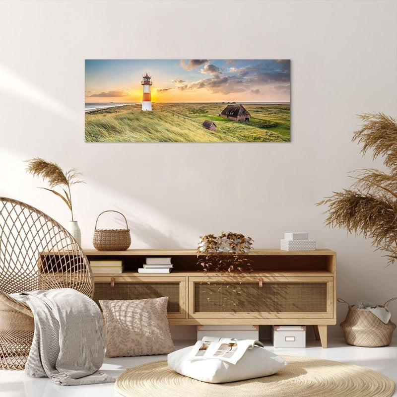 Panorama Bilder auf Leinwand 100x40cm Leinwandbild mit Rahmen Leuchtturm Meer Gross Wanddeko Bild Sc