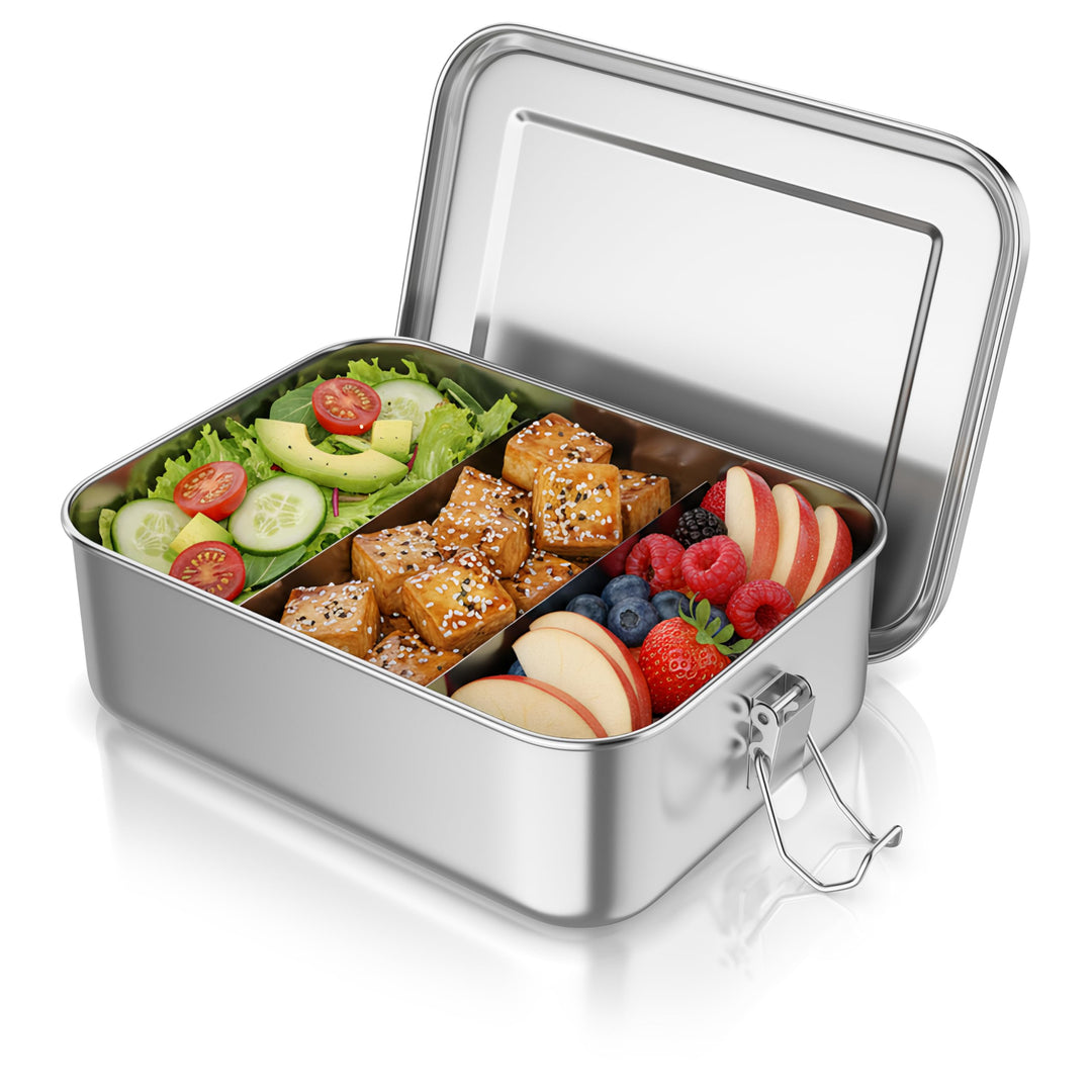 Arendo - Lunchbox Edelstahl – Brotdose 1200 ml – mit Fächern – zwei entnehmbare Trennwände - auslauf