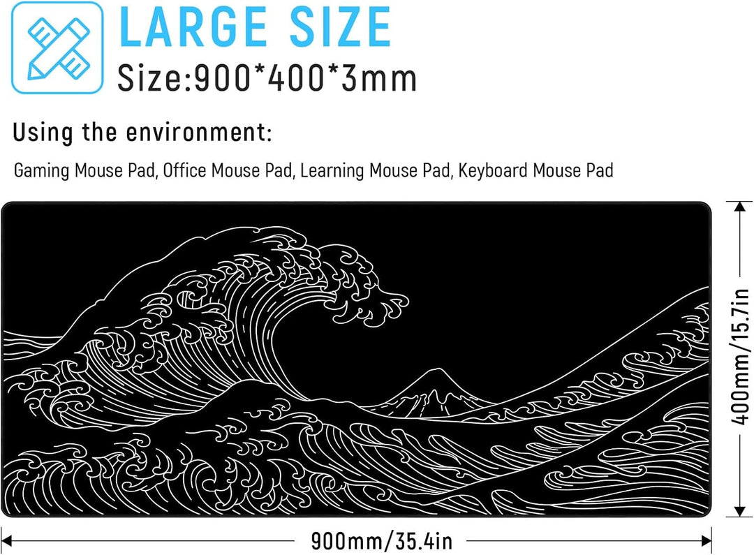 JIALONG XXL Speed Gaming Mauspad Schwarz 900 x 400mm - XXL Mousepad - Meereswelle Schreibtischunterl