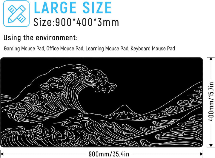 JIALONG XXL Speed Gaming Mauspad Schwarz 900 x 400mm - XXL Mousepad - Meereswelle Schreibtischunterl