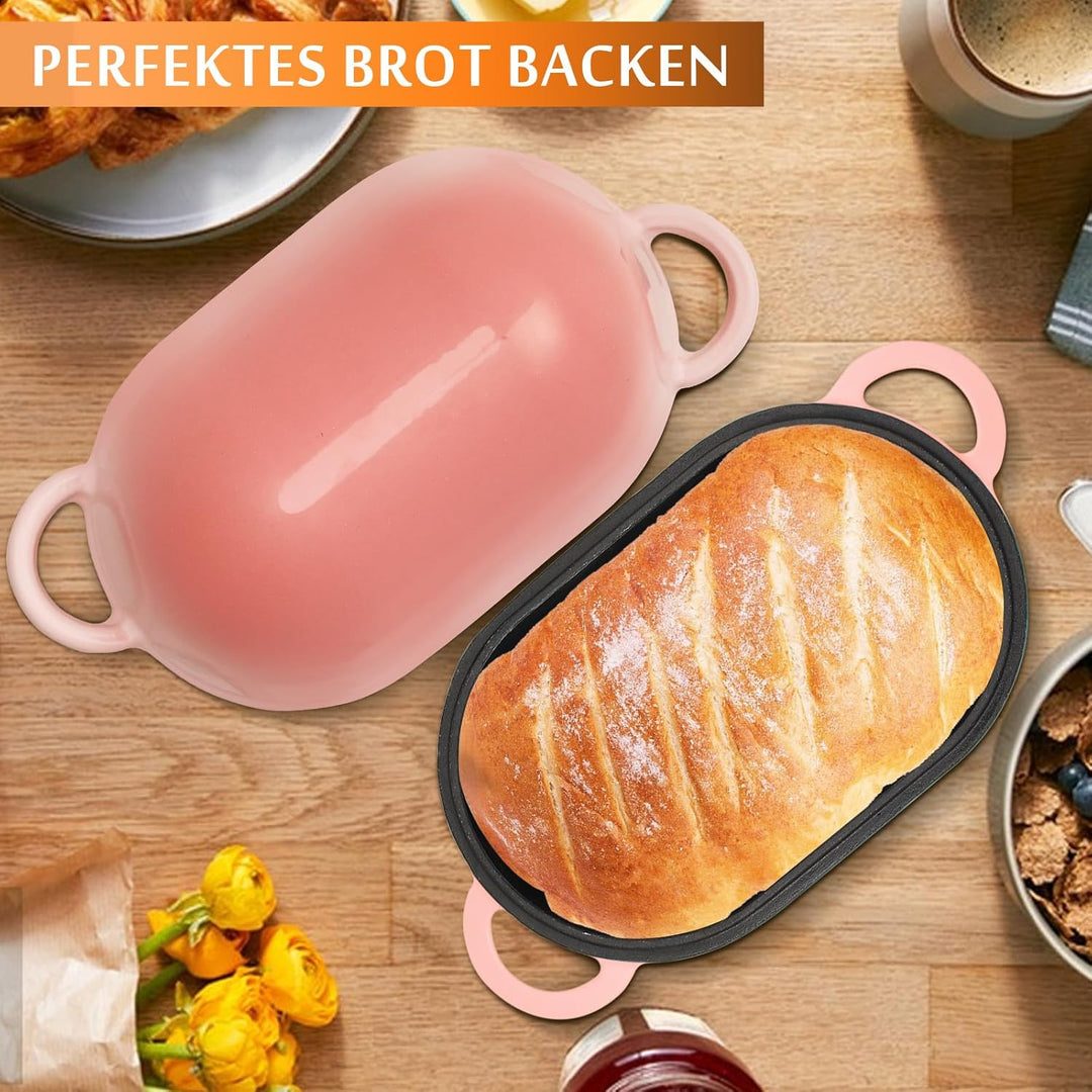 Gusseisen Brotbackform mit Deckel, 23 cm Emaille Gusseisen Topf Brot Backen, Bräter mit Deckel 2,75