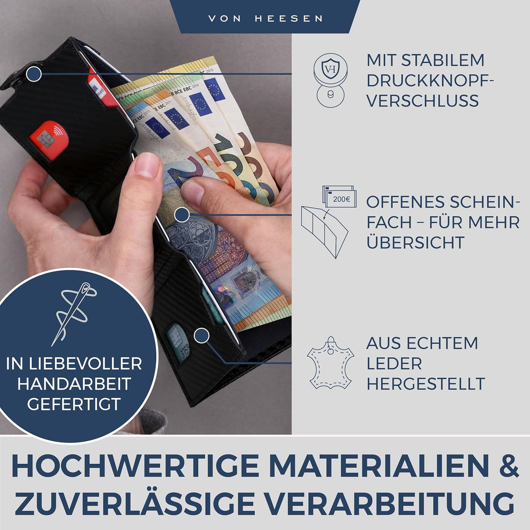VON HEESEN Slim Wallet mit XL Münzfach & RFID-Schutz - Leder Geldbeutel - Mini Geldbörse für Herren
