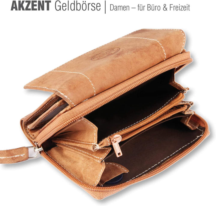 Akzent Damen Geldbörse aus Echtleder Anthrazit Format 14 x 9 cm Braun, Braun