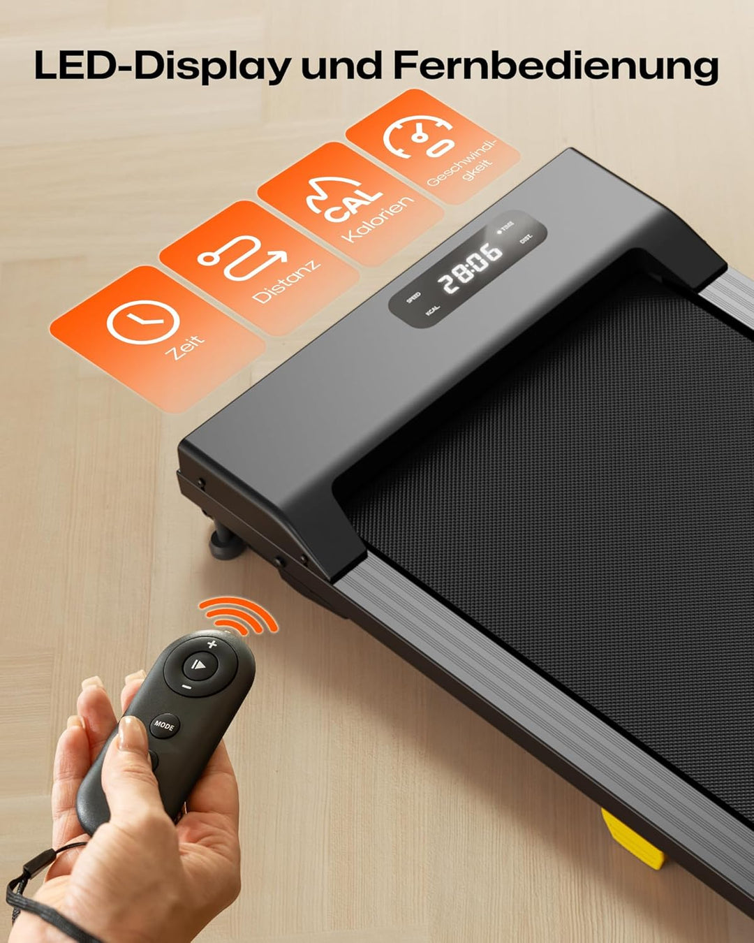 Laufband mit 9% Steigung, Walking pad klappbar mit Sicherheitsgriff, One-Touch-HIIT-Modus, Gehen, Jo
