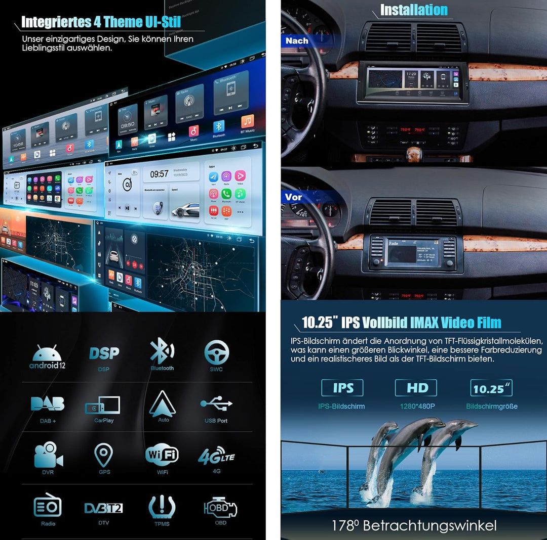 10,25 Zoll IPS Bildschirm 8-Kern Android 12.0 DAB+ Autoradio Für BMW X5 E53 mit GPS Navigation Unter
