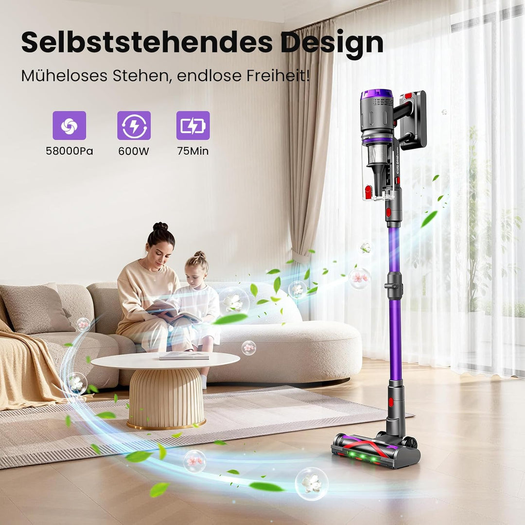 Akku Staubsauger, 600W/58kPa/75Min, Staubsauger Kabellos mit Mini Turbo Milbenbürste und Ladestation