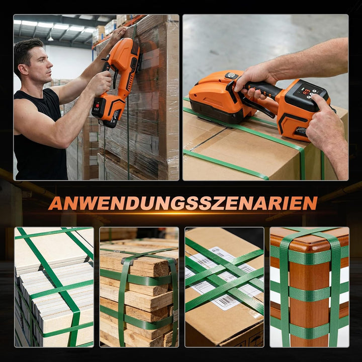 Umreifungsgerät Akku für 13-16 mm PP-/PET-Band mit Digitaldisplay, 2 x 4000 mAh Akku, 900-3500N Elek