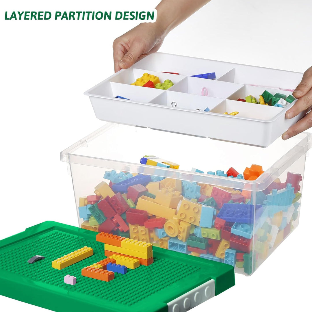 Greentainer Aufbewahrungsbox Spielzeug mit Deckel & AbnehmbaresTablett & Bauplatte,3er Spielzeug Box