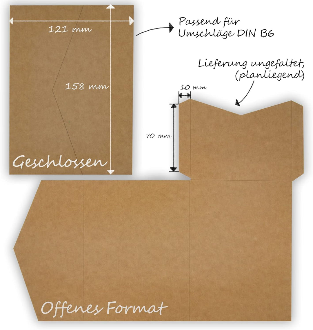 50 Stück Pocketfold Kraftpapier Hochzeitskarte blanko I 121 x 158 mm für DIN B6 Umschlag | 300 g/m²