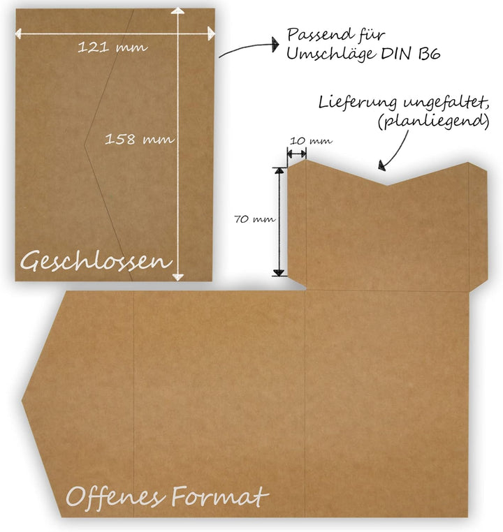 50 Stück Pocketfold Kraftpapier Hochzeitskarte blanko I 121 x 158 mm für DIN B6 Umschlag | 300 g/m²